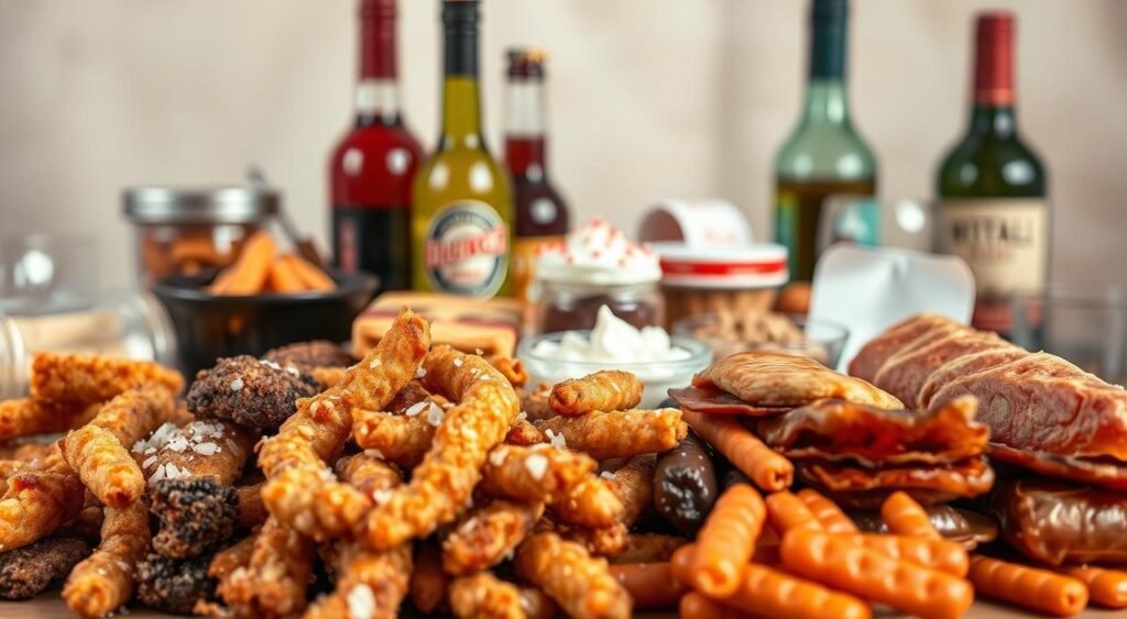 A close-up photograph of an assortment of foods that should be avoided for a healthy liver, captured with a shallow depth of field and warm, natural lighting. In the foreground, a pile of fried foods, salty snacks, and processed meats. In the middle ground, sugary desserts and alcoholic beverages. In the background, a neutral, slightly blurred backdrop, emphasizing the focal point of the unhealthy food choices. The overall tone is one of caution and awareness, conveying the importance of dietary choices for liver health.
