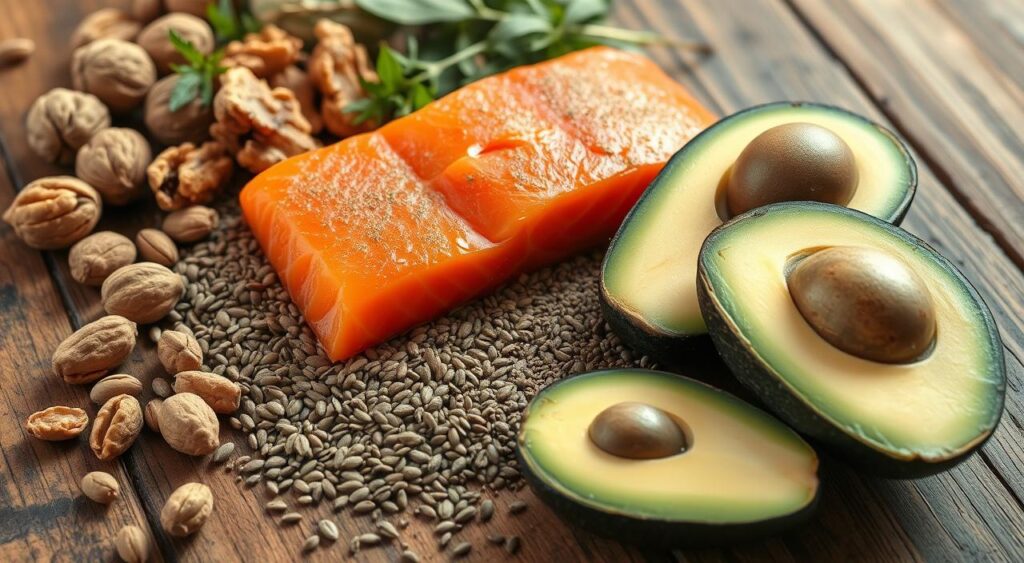 A close-up photograph of various whole food sources of omega-3 fatty acids, including walnuts, chia seeds, flaxseeds, salmon, and avocado, arranged neatly on a rustic wooden table. The lighting is soft and warm, creating a natural, inviting atmosphere. The camera angle is slightly elevated, allowing the viewer to see the textures and details of the ingredients. The overall composition is balanced and visually appealing, emphasizing the nutritional richness and health benefits of these omega-3 rich foods.