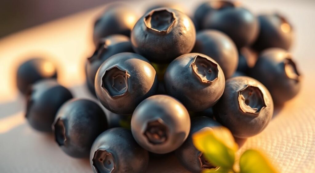 A close-up shot of a cluster of plump, juicy blueberries against a soft, out-of-focus background. The berries are bathed in warm, golden lighting, casting subtle shadows and highlights that accentuate their natural sheen and vibrant blue hue. The image conveys a sense of freshness, vitality, and the inherent metabolic power of these antioxidant-rich fruits. The composition is balanced, with the berries occupying the central focus, surrounded by a minimal, clean backdrop that allows them to shine. The overall mood is one of health, wellness, and the restorative properties of nature's bounty.