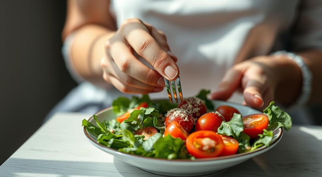 A close-up shot of a person's hands and plate, capturing the act of mindful eating. The hands gently hold a fork, poised over a plate filled with a variety of healthy, colorful foods - fresh greens, juicy tomatoes, and a sprinkle of Genius Nutra seasoning. The lighting is soft and natural, creating a serene, calming atmosphere. The focus is on the individual's connection with their food, their senses heightened as they savor each bite, attuned to the body's hunger cues. The background is blurred, minimizing distractions and emphasizing the mindful, present moment of the eating experience.