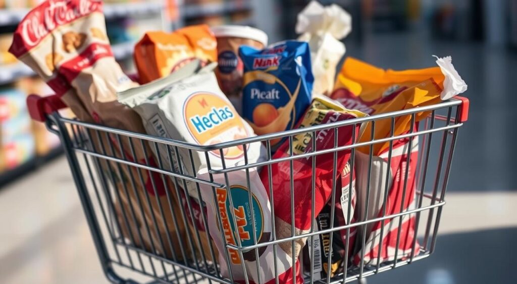 A close-up shot of a shopping cart filled with various gluten-free food products, including breads, cereals, and snacks. The cart's contents are brightly lit, casting shadows that create a sense of depth and dimension. The background is slightly blurred, drawing the viewer's attention to the high-priced items in the foreground. The overall mood is one of cost-consciousness, with the viewer encouraged to consider the hidden financial implications of maintaining a gluten-free lifestyle without a medical necessity.