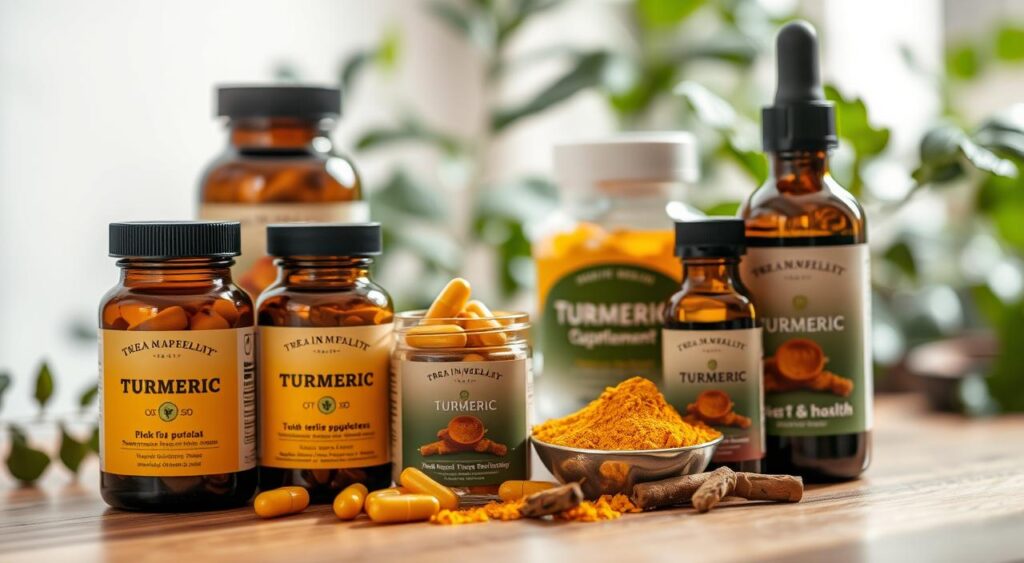 A close-up shot of a wooden table with an assortment of turmeric supplements, including capsules, powder, and tinctures, arranged neatly. The lighting is soft and warm, creating a cozy, natural atmosphere. The focus is on the turmeric products, which are displayed against a backdrop of blurred, calming greens, possibly a plant or herb in the background. The image conveys a sense of wellness, balance, and the therapeutic properties of turmeric for liver health.