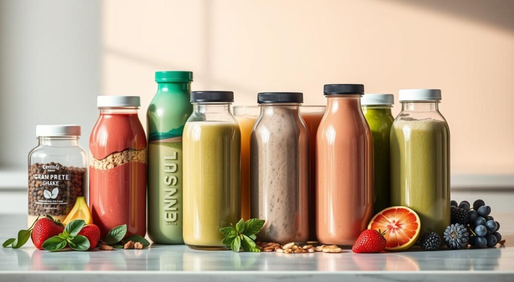 A close-up shot of an arrangement of various nutritious meal replacement shakes for women. The shakes are displayed on a clean, minimalist countertop or table, with a soft, natural lighting creating a warm, inviting atmosphere. The shakes feature a variety of vibrant colors, such as greens, reds, and blues, indicating a range of nutrient-dense ingredients like fruits, vegetables, and superfoods. The bottles or containers have a sleek, modern design, conveying a sense of sophistication and health-consciousness. The overall composition is well-balanced, highlighting the visual appeal and nutritional value of the meal replacement shakes.
