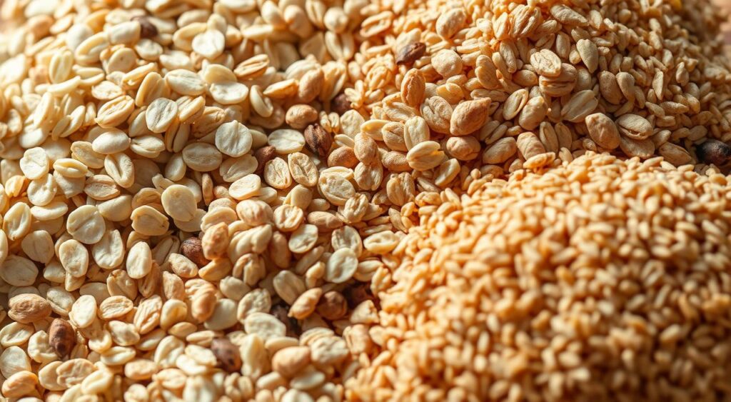 A close-up shot of an assortment of low glycemic whole grains, including steel-cut oats, quinoa, brown rice, and bulgur wheat. The grains are evenly distributed across the frame, illuminated by soft, natural lighting that casts gentle shadows. The texture and individual characteristics of each grain are clearly visible, conveying a sense of wholesome, unrefined nutrition. The image has a muted, earthy color palette, evoking a feeling of healthfulness and simplicity. The overall composition is balanced and visually appealing, making it an ideal illustration for the 