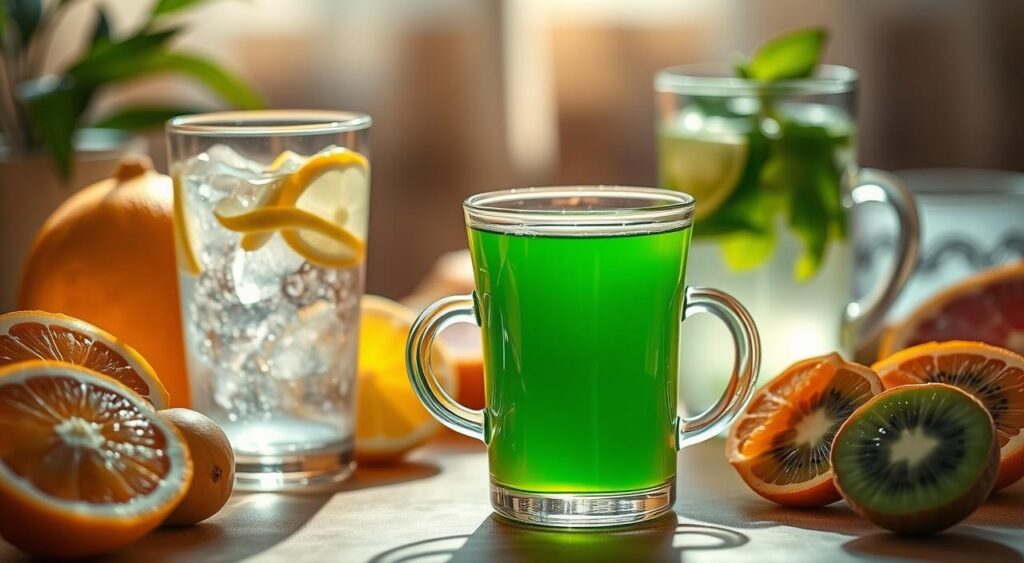 A close-up still life of an arrangement of freshly brewed green tea, a glass of fizzing lemon-infused water, and a selection of vibrant, metabolism-boosting fruits like oranges, grapefruit, and kiwi. The scene is bathed in warm, natural lighting, creating a cozy, inviting atmosphere. The focus is sharp, drawing the viewer's eye to the detailed textures and colors of the drinks and produce. The composition is balanced, with the green tea as the central focal point, surrounded by the complementary hues of the other elements. An sense of tranquility and health pervades the image, reflecting the ideal timing for green tea consumption.