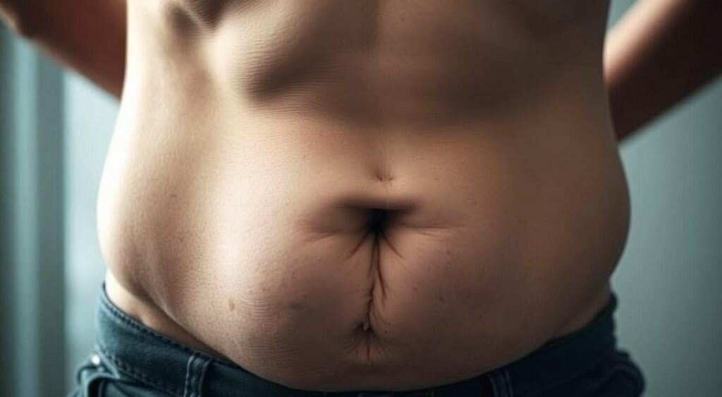 A close-up view of a person's abdomen, featuring an uncomfortable-looking expression and signs of digestive distress, such as bloating, gas, and cramps. The lighting is soft and muted, creating a sense of unease. The background is blurred, drawing the viewer's attention to the central figure. The overall mood is one of subtle discomfort and disquiet, reflecting the potential side effects of consuming fermented foods.