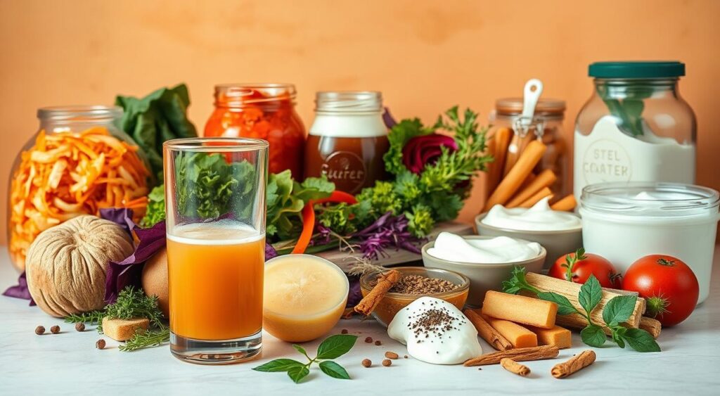 A close-up view of a variety of colorful probiotic-rich fermented foods, including sauerkraut, kimchi, and yogurt, arranged in a visually appealing and appetizing manner against a warm, earthy background. The scene is bathed in soft, natural lighting, highlighting the rich textures and vibrant hues of the fermented products. In the foreground, a glass of kombucha or kefir takes center stage, symbolizing the restorative power of these gut-friendly beverages. The middle ground features a selection of fresh herbs, spices, and other whole food ingredients that complement the probiotic-rich items, suggesting the holistic approach to gut health. The background depicts a serene, minimalist setting, perhaps a kitchen counter or table, creating a sense of balance and harmony. The overall composition conveys the role of probiotics in restoring and maintaining a healthy gut microbiome.