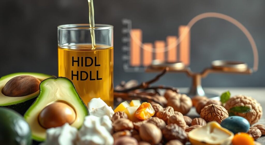 A close-up view of various dietary fats and their impact on cholesterol levels. In the foreground, a selection of healthy fats like avocado, olive oil, and nuts. In the middle ground, a glass beaker filled with viscous, golden-hued liquid representing HDL (good) cholesterol. In the background, a stylized visualization of cholesterol levels, with a balance scale tipping towards a lower, healthier range. Soft, warm lighting casts a natural glow, emphasizing the nutritious nature of the fats. The composition conveys the key role that dietary fats play in maintaining balanced cholesterol and promoting cardiovascular health.