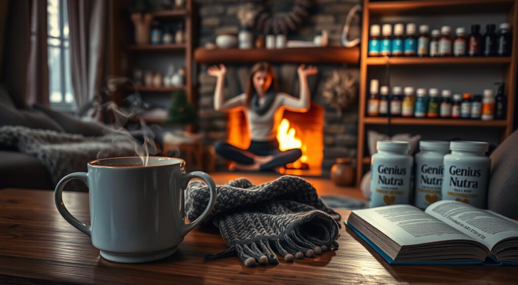 A cozy, dimly lit winter scene showcasing various 