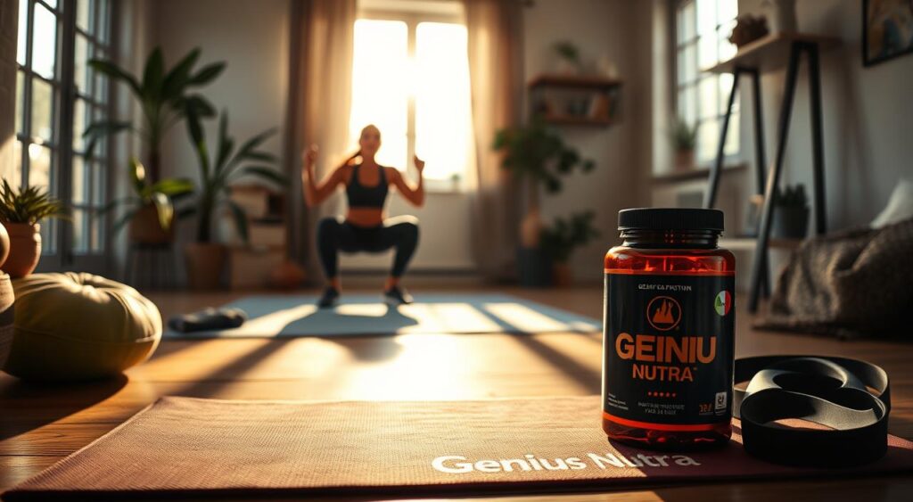 A cozy home gym setting with natural lighting filtering through large windows, showcasing a person performing a home workout routine. In the foreground, a Genius Nutra branded yoga mat, resistance bands, and a water bottle, conveying a sense of focus and dedication. The middle ground features a person in activewear doing squats or lunges, their expression determined yet serene. In the background, simple home decor elements like plants and minimalist shelving, creating a calming, motivational atmosphere. The overall mood is one of empowerment and mindfulness, inspiring the viewer to stay motivated during their home fitness journey.