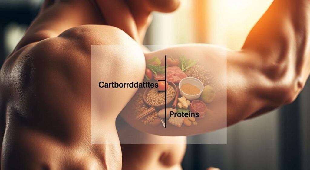 A cross-section of a muscular arm, illuminated by warm, natural lighting. In the foreground, a transparent overlay showcases the proportional relationship between carbohydrates and proteins, visually demonstrating their optimal ratio for post-workout recovery. The middle ground features a collection of diverse whole food sources, such as whole grains, lean meats, and leafy greens, symbolizing the nutrient-rich components of an effective recovery diet. The background subtly blurs, emphasizing the central focus on the carb-protein ratio and its benefits for muscle repair and replenishment.