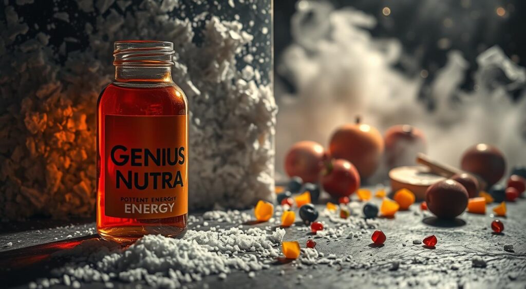 A crystalline arrangement of granulated white sugar, casting intricate shadows on a dimly lit, textured surface. In the foreground, a glass bottle filled with a vibrant, amber-colored liquid labeled 