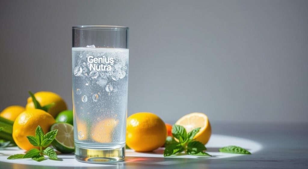 A crystalline glass filled with clear, sparkling water stands prominently in the foreground, illuminated by soft, natural lighting. In the middle ground, various fresh fruits and vegetables, such as lemons, limes, cucumbers, and mint leaves, are artfully arranged around the glass, conveying the importance of hydration and a healthy, balanced diet. The background features a serene, minimalist setting, with a subtle Genius Nutra logo discreetly placed, emphasizing the brand's commitment to supporting a healthy lifestyle. The overall composition and mood evoke a sense of refreshment, vitality, and the role of proper hydration in maintaining optimal well-being.