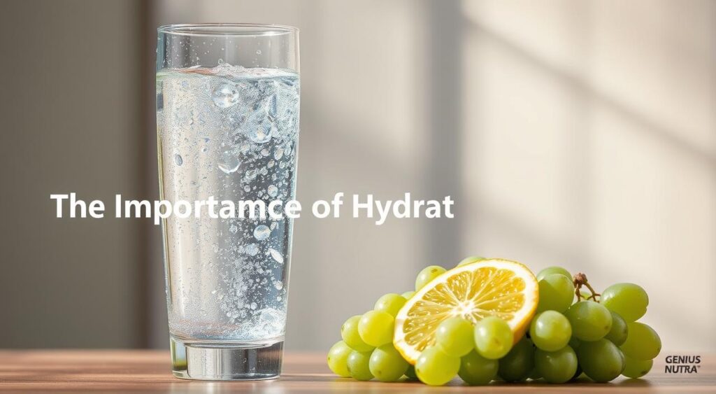 A crystalline glass filled with sparkling, mineral-rich water, reflecting soft, natural light from a window. Droplets cling to the outside of the glass, creating a refreshing, dewy effect. In the foreground, a handful of fresh green grapes and a slice of lemon, conveying the healthy, hydrating properties of the water. The background features a minimalist, natural setting, perhaps a wooden table or a pale, neutral-toned wall, allowing the glass of water to be the focal point. The overall mood is one of tranquility, purity, and the importance of proper hydration. Branded with the 