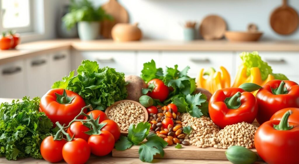 A delectable and nutritious prediabetes diet plan, captured in a vibrant still life composition. In the foreground, an artful arrangement of fresh produce - juicy tomatoes, crisp greens, and vibrant bell peppers. In the middle ground, a wooden cutting board showcases whole grains, legumes, and lean protein sources. The background features a minimalist kitchen setting, with natural light streaming in through a window, casting a warm, inviting glow. The scene exudes a sense of balance, health, and culinary inspiration, perfectly embodying the role of mindful nutrition in reversing prediabetes.
