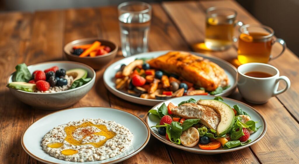 A delectable assortment of low glycemic index meals, artfully arranged on a rustic wooden table. In the foreground, a plate showcases a hearty salad with leafy greens, sliced avocado, and a drizzle of olive oil dressing. Beside it, a bowl of steel-cut oats topped with fresh berries and a sprinkle of cinnamon. In the middle ground, a grilled salmon fillet rests on a bed of roasted vegetables, their vibrant colors popping against the muted tones of the table. In the background, a glass of water and a cup of herbal tea complete the scene, evoking a sense of balance and mindfulness. Warm, natural lighting casts a gentle glow, creating a welcoming and appetizing atmosphere. A delectable assortment of low glycemic index meals, artfully arranged on a rustic wooden table. In the foreground, a plate showcases a hearty salad with leafy greens, sliced avocado, and a drizzle of olive oil dressing. Beside it, a bowl of steel-cut oats topped with fresh berries and a sprinkle of cinnamon. In the middle ground, a grilled salmon fillet rests on a bed of roasted vegetables, their vibrant colors popping against the muted tones of the table. In the background, a glass of water and a cup of herbal tea complete the scene, evoking a sense of balance and mindfulness. Warm, natural lighting casts a gentle glow, creating a welcoming and appetizing atmosphere.