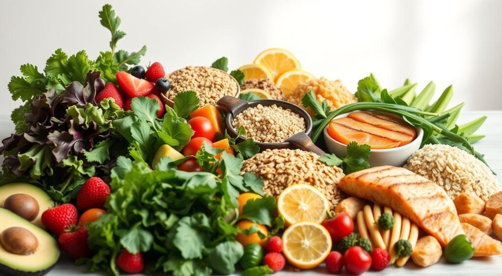 A delectable assortment of whole, nutrient-dense foods arranged in a visually appealing and appetizing manner. In the foreground, a variety of leafy greens, vibrant vegetables, and fresh fruits such as avocado, berries, and citrus slices. In the middle ground, hearty whole grains like quinoa, brown rice, and oats, as well as lean protein sources like grilled salmon and roasted chicken. In the background, a minimalist backdrop with soft natural lighting, creating a clean and inviting atmosphere. The image should convey a sense of health, balance, and the abundance of nourishing options available for a fatty liver-friendly diet.