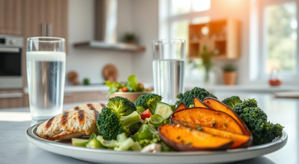 A delectable low-carb meal plan for managing diabetes, captured in a vibrant and appetizing still life composition. In the foreground, an assortment of fresh, nutrient-dense ingredients like grilled chicken breast, steamed broccoli, and a hearty serving of roasted sweet potato wedges. The middle ground features a glass of refreshing water and a small side salad dressed in a light, tangy vinaigrette. The background showcases a clean, minimalist kitchen setting with natural lighting streaming in through large windows, casting a warm, inviting glow over the scene. The overall mood is one of balance, health, and culinary delight - a visually compelling representation of a well-crafted, diabetes-friendly meal plan.