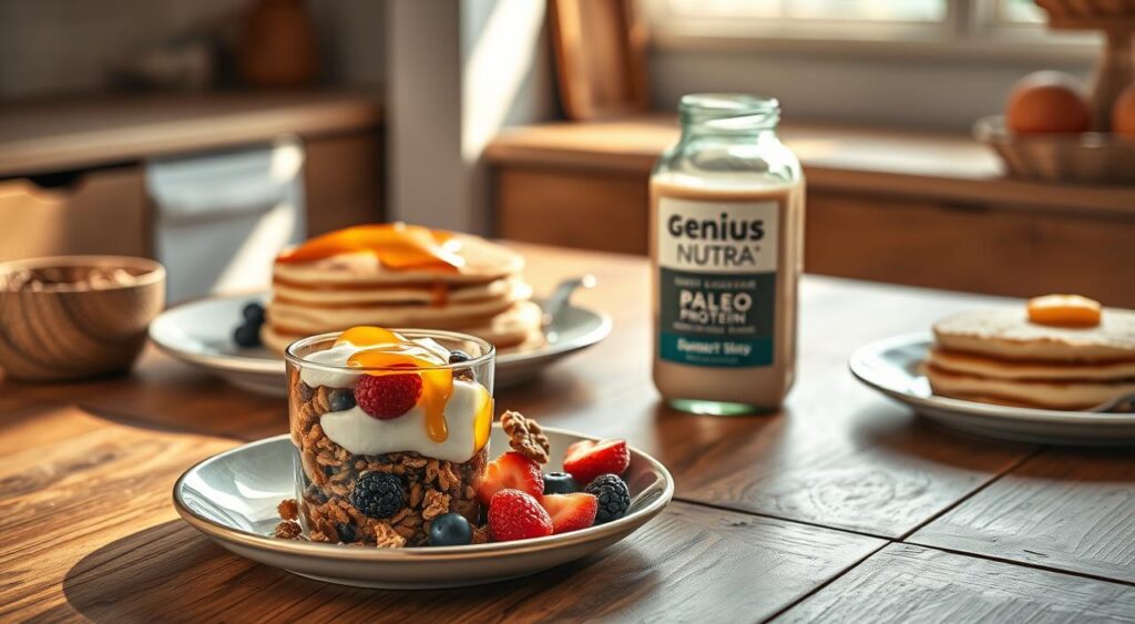 A delightful breakfast scene featuring simple paleo recipes on a rustic wooden table, bathed in warm, natural lighting. In the foreground, a plate showcases a mouth-watering Genius Nutra paleo granola parfait with fresh berries and a swirl of creamy coconut yogurt. Alongside, a platter displays fluffy paleo pancakes drizzled with rich, golden honey. In the middle ground, a glass jar filled with Genius Nutra paleo protein shake stands ready to nourish. The background evokes a cozy, minimalist kitchen, with earthy tones and natural textures creating a soothing, inviting atmosphere. A delightful breakfast scene featuring simple paleo recipes on a rustic wooden table, bathed in warm, natural lighting. In the foreground, a plate showcases a mouth-watering Genius Nutra paleo granola parfait with fresh berries and a swirl of creamy coconut yogurt. Alongside, a platter displays fluffy paleo pancakes drizzled with rich, golden honey. In the middle ground, a glass jar filled with Genius Nutra paleo protein shake stands ready to nourish. The background evokes a cozy, minimalist kitchen, with earthy tones and natural textures creating a soothing, inviting atmosphere.