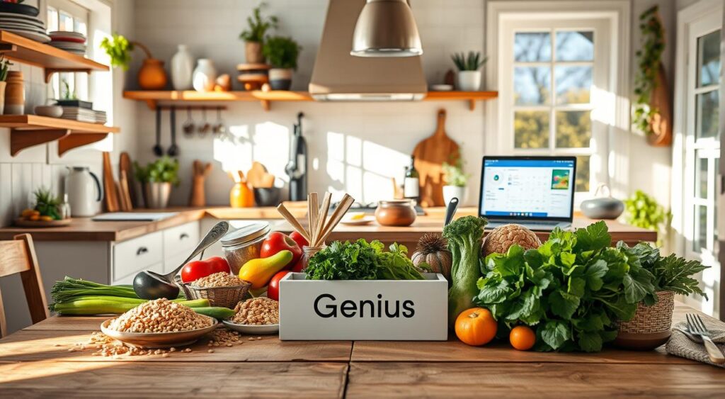 A delightful, sun-drenched kitchen scene. In the foreground, a wooden table is set with an array of wholesome ingredients - crisp vegetables, whole grains, lean proteins, and the Genius Nutra logo prominently displayed. A middle ground filled with cooking utensils, recipe books, and a laptop displaying a meal plan. The background showcases an airy, well-lit space with natural light streaming through the windows, creating a warm and inviting atmosphere. The scene conveys a sense of intentional, balanced meal planning, with a focus on nourishing, carbohydrate-rich foods to fuel the body.