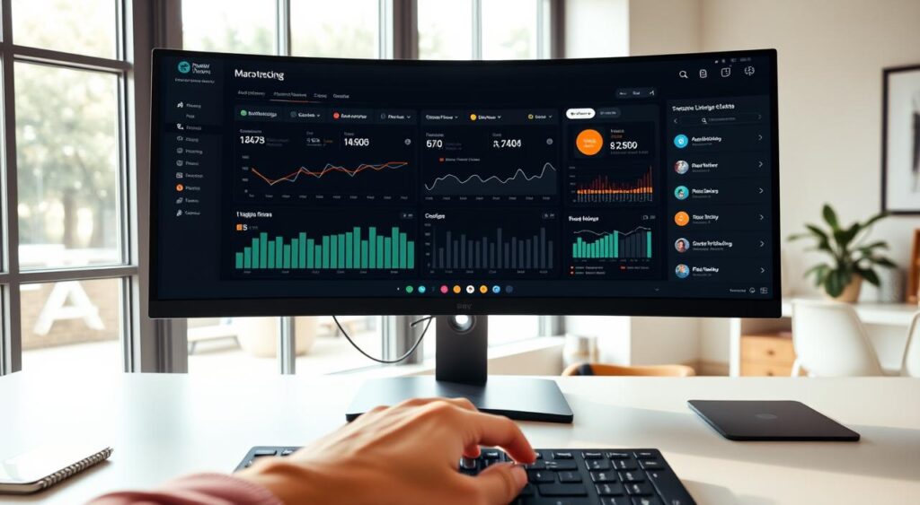 A desktop workspace with a large monitor displaying a macro tracking app interface. The app features clear data visualizations, charts, and intuitive controls. In the foreground, a user's hand hovers over the keyboard, interacting with the app. Soft, natural lighting filters through large windows, creating a productive and focused atmosphere. The background shows a tasteful, minimalist office environment with tasteful decor. The overall scene conveys the sense of a comprehensive, user-friendly macro tracking tool empowering healthy lifestyle choices.