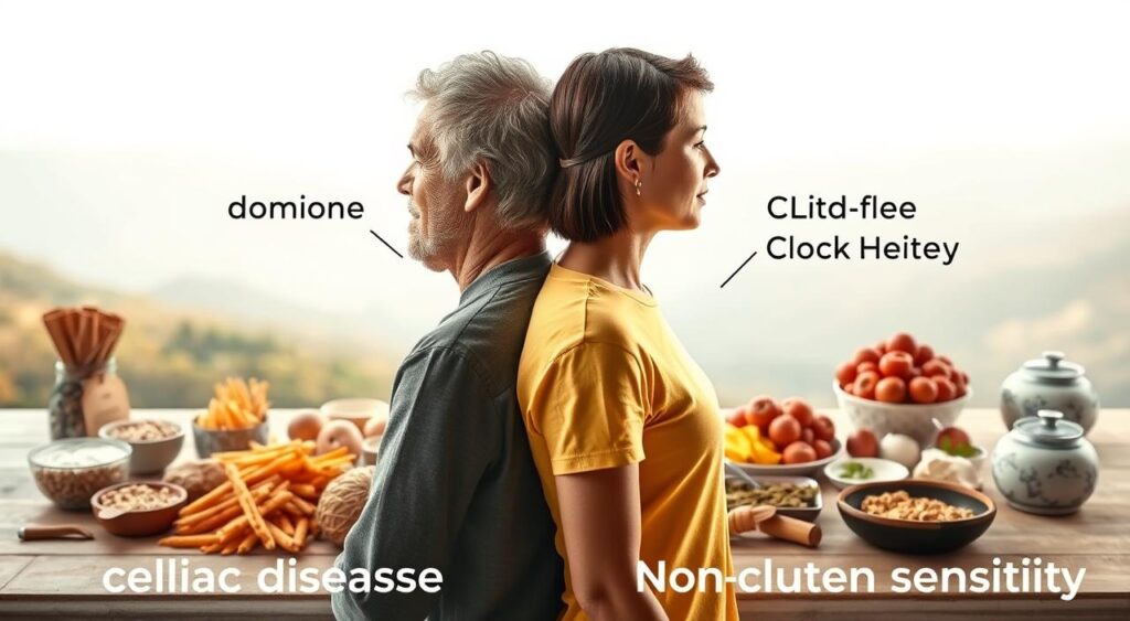 A detailed side-by-side comparison of a person with celiac disease and a person with non-celiac gluten sensitivity. In the foreground, two individuals stand facing each other, one displaying symptoms of bloating and discomfort, the other appearing healthy. The middle ground showcases various gluten-containing and gluten-free food items, highlighting the dietary differences. The background features a soft, ethereal landscape, conveying a sense of balance and well-being. The lighting is natural and warm, emphasizing the contrast between the two conditions. The lens captures the scene in a clean, documentary-style perspective, allowing the viewer to clearly discern the distinguishing factors between celiac disease and non-celiac gluten sensitivity.