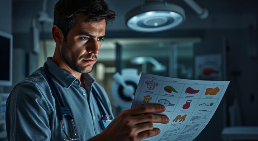 A dimly lit, clinical setting with medical equipment and diagrams showcasing the potential risks of a low-carb diet. In the foreground, a concerned-looking person examining a detailed chart or report. In the middle ground, various icons or illustrations representing potential issues like nutrient deficiencies, dehydration, and constipation. The background features a blurred view of a doctor's office or hospital environment, adding to the serious, educational tone. The lighting is soft and directional, casting subtle shadows to create depth and a sense of tension. The overall mood is one of thoughtful contemplation, highlighting the need for caution and careful monitoring when following a low-carb regimen.