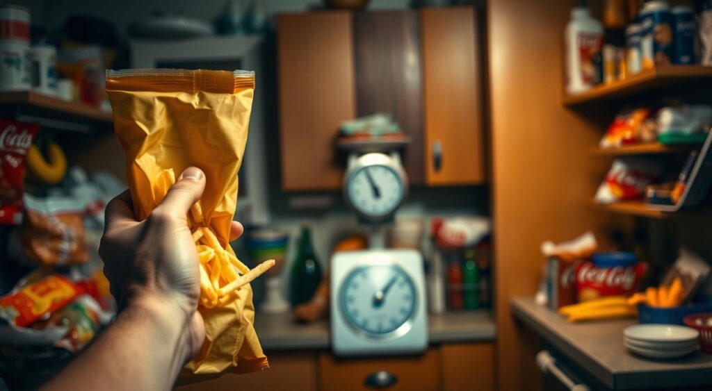 A dimly lit kitchen interior, with a cluttered countertop showcasing an array of unhealthy snacks and processed foods. In the foreground, a person's hand reaches for a bag of chips, conveying the temptation and difficulty in maintaining a low-GI diet. The middle ground features a scale and a frustrated expression on the person's face, hinting at the challenges of weight management and the potential drawbacks of a low-GI diet. The background is blurred, evoking a sense of lethargy and a lack of energy, suggesting the potential pitfalls of a restrictive dietary approach. The overall mood is one of frustration, temptation, and the complexities of sustaining a healthy lifestyle.
