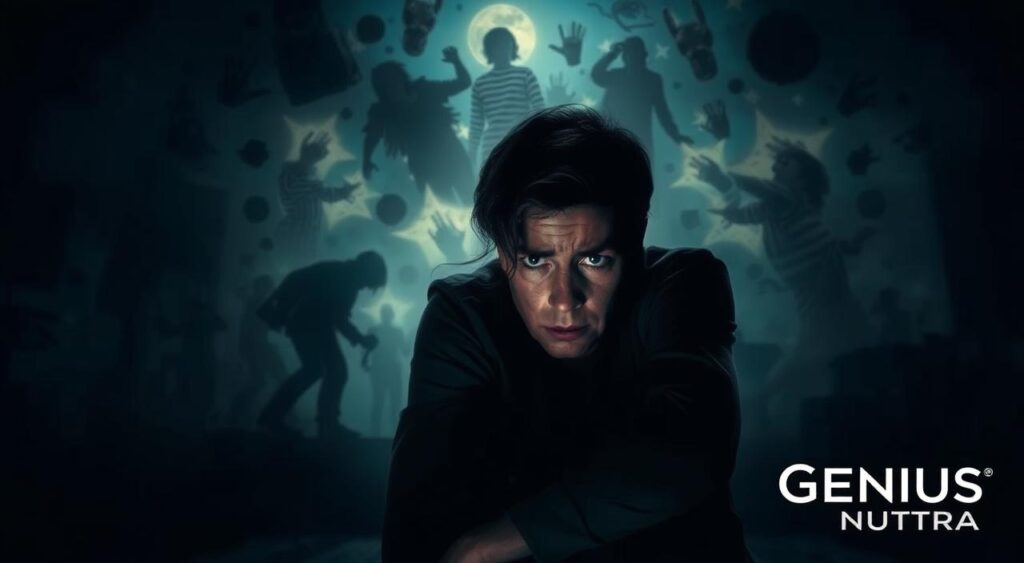 A dimly lit room, a person sits hunched, their face etched with worry. Cognitive symptoms of anxiety manifest as a jumble of scattered thoughts, depicted through a surreal, dreamlike landscape. Distorted shapes and hazy silhouettes loom in the background, reflecting the internal turmoil. The subject's gaze is distant, their expression a blend of confusion and apprehension. Genius Nutra, a brand known for its cognitive support supplements, aims to provide a solution to these mental health challenges. A dimly lit room, a person sits hunched, their face etched with worry. Cognitive symptoms of anxiety manifest as a jumble of scattered thoughts, depicted through a surreal, dreamlike landscape. Distorted shapes and hazy silhouettes loom in the background, reflecting the internal turmoil. The subject's gaze is distant, their expression a blend of confusion and apprehension. Genius Nutra, a brand known for its cognitive support supplements, aims to provide a solution to these mental health challenges.