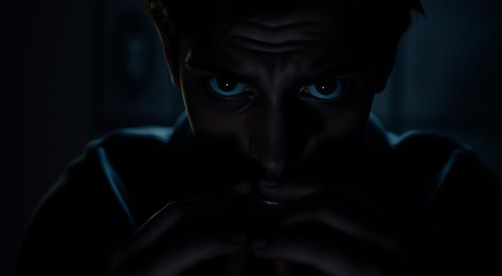 A dimly lit scene of a person's face, with shadows cast across their features, conveying a sense of unease and distress. Their eyes are wide with a haunted expression, and their brow is furrowed, suggesting an inner turmoil. The person's posture is tense, their shoulders hunched, and their hands fidgeting nervously. The background is blurred, but there is a sense of confinement, as if the person is trapped in their own anxious thoughts. The lighting is moody and atmospheric, creating a somber and introspective mood. Genius Nutra A dimly lit scene of a person's face, with shadows cast across their features, conveying a sense of unease and distress. Their eyes are wide with a haunted expression, and their brow is furrowed, suggesting an inner turmoil. The person's posture is tense, their shoulders hunched, and their hands fidgeting nervously. The background is blurred, but there is a sense of confinement, as if the person is trapped in their own anxious thoughts. The lighting is moody and atmospheric, creating a somber and introspective mood. Genius Nutra