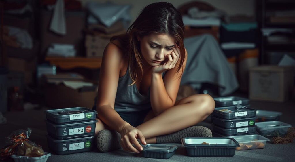 A distressed young woman sits hunched on the floor, surrounded by empty diet food containers and calorie-counting apps. Soft, moody lighting casts shadows, emphasizing her emotional turmoil. In the background, a cluttered, dimly lit room symbolizes the psychological burden of dieting. The woman's expression conveys a sense of loneliness, frustration, and a profound disconnect between her physical and mental well-being. The scene evokes the overwhelming psychological impact that restrictive dieting can have on an individual's mental health and self-perception.