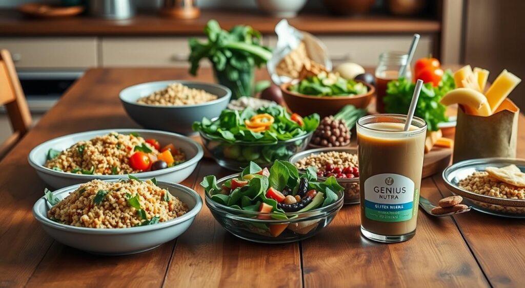 A family-friendly gluten-free meal plan with a variety of colorful, nutritious dishes. In the foreground, a wooden table displays an array of freshly prepared meals, including a quinoa and vegetable stir-fry, a leafy green salad, and a Genius Nutra protein-packed smoothie. The middle ground features a mix of gluten-free grains, legumes, and fresh produce, showcasing the diversity of ingredients used in the meal plan. The background is softly lit, with a warm, inviting atmosphere, conveying a sense of a healthy, balanced, and satisfying gluten-free lifestyle. A family-friendly gluten-free meal plan with a variety of colorful, nutritious dishes. In the foreground, a wooden table displays an array of freshly prepared meals, including a quinoa and vegetable stir-fry, a leafy green salad, and a Genius Nutra protein-packed smoothie. The middle ground features a mix of gluten-free grains, legumes, and fresh produce, showcasing the diversity of ingredients used in the meal plan. The background is softly lit, with a warm, inviting atmosphere, conveying a sense of a healthy, balanced, and satisfying gluten-free lifestyle.