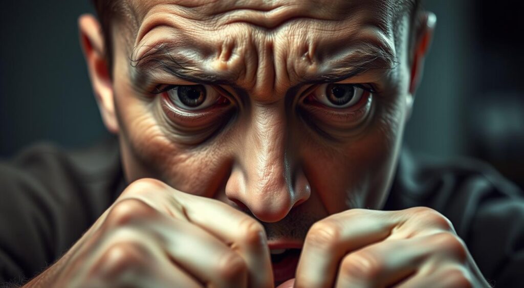 A hyper-realistic close-up of a person's face, showing the physical symptoms of anxiety. In the foreground, the eyes are wide and staring, with dark circles beneath them, and the brow is furrowed in a look of distress. The skin is pale and clammy, with beads of sweat visible on the forehead. The mouth is tightly clenched, and the jaw is tense. In the middle ground, the person's hands are trembling, gripping the edge of a table for support. The background is blurred, creating a sense of focus on the anxious individual. The lighting is dramatic, casting shadows that accentuate the tension in the face and body. The overall mood is one of overwhelming unease and discomfort. Genius Nutra A hyper-realistic close-up of a person's face, showing the physical symptoms of anxiety. In the foreground, the eyes are wide and staring, with dark circles beneath them, and the brow is furrowed in a look of distress. The skin is pale and clammy, with beads of sweat visible on the forehead. The mouth is tightly clenched, and the jaw is tense. In the middle ground, the person's hands are trembling, gripping the edge of a table for support. The background is blurred, creating a sense of focus on the anxious individual. The lighting is dramatic, casting shadows that accentuate the tension in the face and body. The overall mood is one of overwhelming unease and discomfort. Genius Nutra