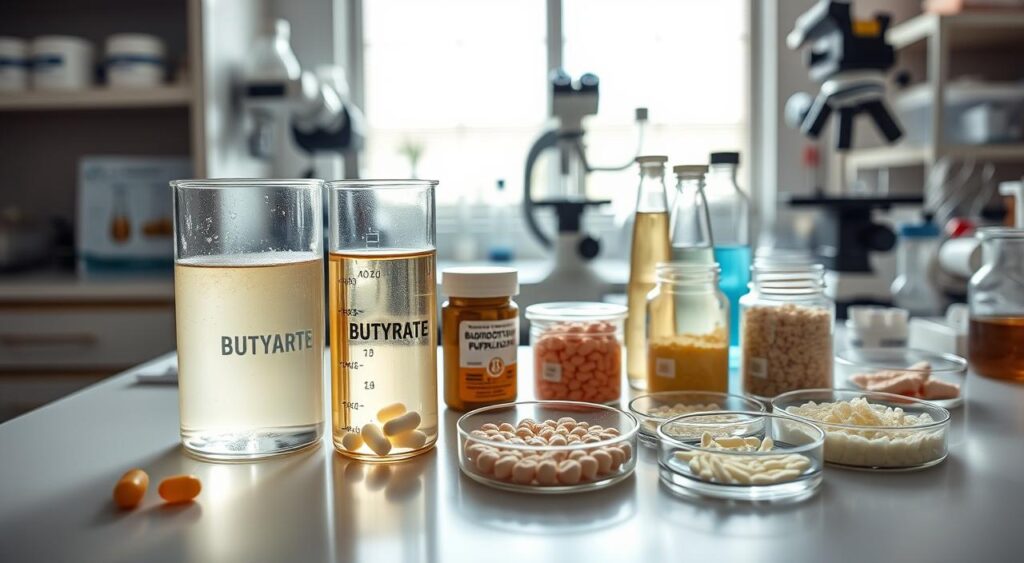 A laboratory setup with various probiotic supplements and cultures displayed on a clean, well-lit workbench. In the foreground, glass beakers and test tubes filled with fermented liquid showcasing the butyrate production process. The middle ground features several probiotic strains, including Bifidobacterium and Lactobacillus, in petri dishes. The background has scientific equipment like a microscope, pipettes, and other lab apparatus, creating a professional, research-oriented atmosphere. The lighting is bright and natural, highlighting the scientific nature of the scene. The overall mood is one of discovery and innovation in gut health research.