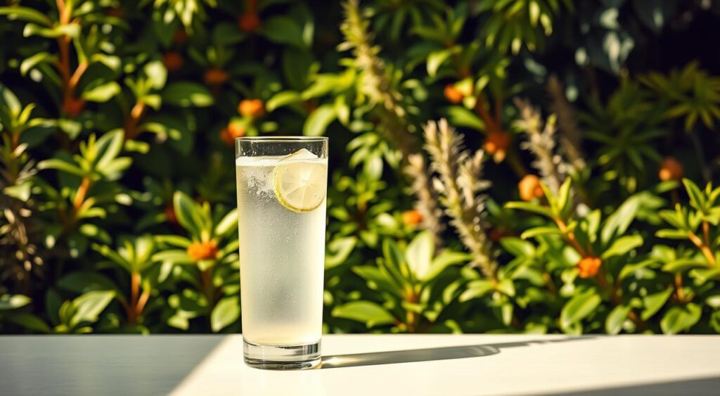 A lush, verdant backdrop of flourishing botanicals showcases the vibrant benefits of plant sterols. In the foreground, a glass filled with a refreshing, translucent liquid sits atop a sleek, minimalist table, casting a soft, diffused glow. The lighting is warm and natural, highlighting the rich textures and colors of the plant life surrounding the scene. The composition is balanced, with the glass and table providing a central focal point, while the background plants create a sense of depth and abundance. The overall mood is one of wellness, health, and the power of nature to promote well-being without the need for traditional medications.