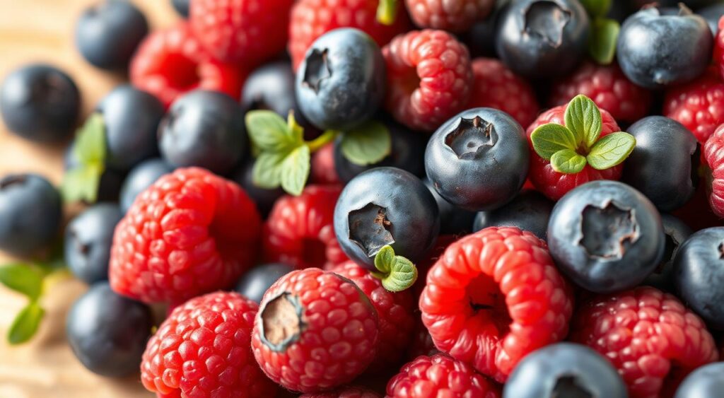 A lush, vibrant arrangement of fresh, juicy berries set against a clean, natural backdrop. In the foreground, plump blueberries and raspberries burst with color, their surfaces glistening under soft, diffused lighting that accentuates their natural texture and vibrancy. In the middle ground, additional berries are scattered, creating a sense of abundance and natural bounty. The background features a simple, uncluttered setting, perhaps a wooden surface or a neutral-toned fabric, allowing the berries to take center stage. The overall mood is one of freshness, vitality, and the inherent goodness of nature's own metabolism-boosting superfoods.
