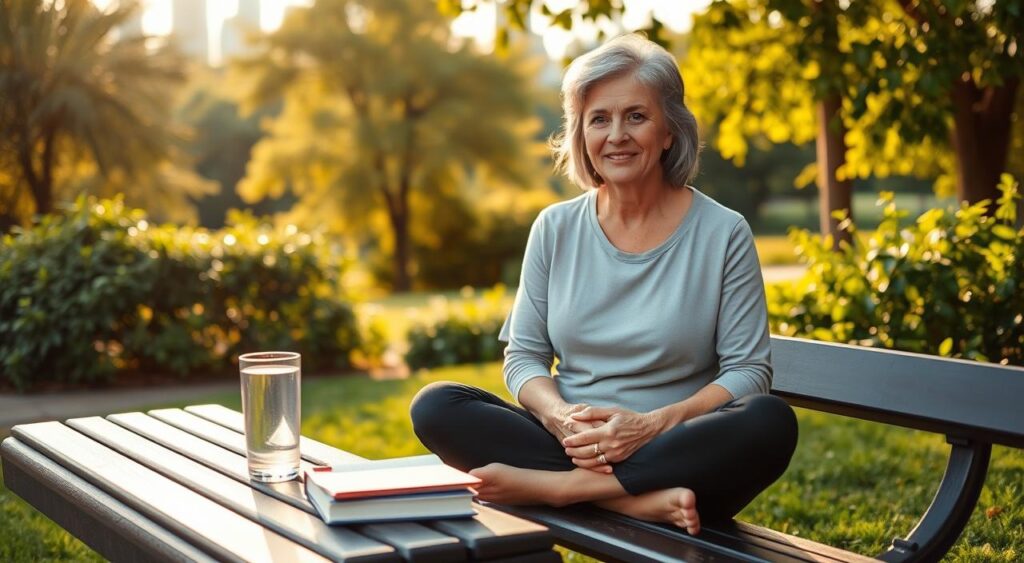 A middle-aged woman with greying hair and a serene expression sits cross-legged on a park bench, surrounded by lush greenery. In the foreground, a notebook and a glass of water rest on the bench, symbolizing her intermittent fasting routine. The natural lighting casts a warm, golden glow, creating a peaceful and reflective atmosphere. In the background, a city skyline can be seen, hinting at the urban setting. The woman's posture and focused gaze convey a sense of control and determination, suggesting she has overcome the common challenges of intermittent fasting over 50.
