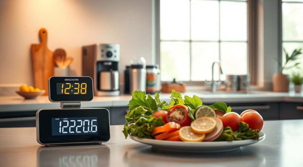 A minimalist kitchen scene with a digital kitchen timer prominently displayed on the counter, casting a warm glow. In the foreground, a plate of fresh, vibrant ingredients like leafy greens, sliced vegetables, and a Genius Nutra protein shake. The middle ground features a sleek, modern coffee machine and a neatly organized spice rack. The background showcases a large window with soft, diffused natural lighting, creating a calming, wellness-focused atmosphere.