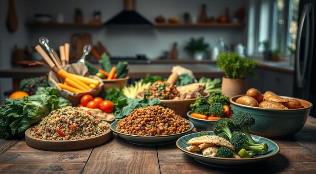 A mouth-watering arrangement of low glycemic index dishes, photographed in a warm, inviting kitchen setting. In the foreground, a variety of colorful, nutrient-dense vegetables, whole grains, and lean proteins are artfully displayed on a rustic wooden table. The middle ground features a selection of freshly prepared meals, such as a vibrant quinoa and roasted vegetable salad, a hearty lentil and brown rice dish, and a sizzling stir-fry of lean chicken and crisp-tender broccoli. The background is softly lit, showcasing the cozy ambiance of a well-equipped, minimalist kitchen, with hints of natural light streaming in from large windows. The overall scene conveys a sense of nourishment, balance, and a commitment to a healthy, low glycemic lifestyle.