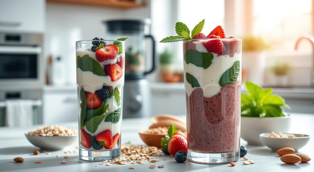 A mouth-watering array of high-fiber breakfast smoothies in a serene, sun-dappled kitchen. In the foreground, a tall glass showcases vibrant layers of berries, leafy greens, and creamy yogurt, garnished with a sprig of fresh mint. The middle ground features a blender filled with the smoothie ingredients, surrounded by an assortment of wholesome additions like oats, chia seeds, and sliced almonds. The background depicts a minimalist, light-filled space with clean white countertops and natural wooden accents, creating a calming, wellness-focused atmosphere. Soft, diffused lighting casts a warm glow, highlighting the nutrient-dense ingredients and their health-promoting properties. A mouth-watering array of high-fiber breakfast smoothies in a serene, sun-dappled kitchen. In the foreground, a tall glass showcases vibrant layers of berries, leafy greens, and creamy yogurt, garnished with a sprig of fresh mint. The middle ground features a blender filled with the smoothie ingredients, surrounded by an assortment of wholesome additions like oats, chia seeds, and sliced almonds. The background depicts a minimalist, light-filled space with clean white countertops and natural wooden accents, creating a calming, wellness-focused atmosphere. Soft, diffused lighting casts a warm glow, highlighting the nutrient-dense ingredients and their health-promoting properties.