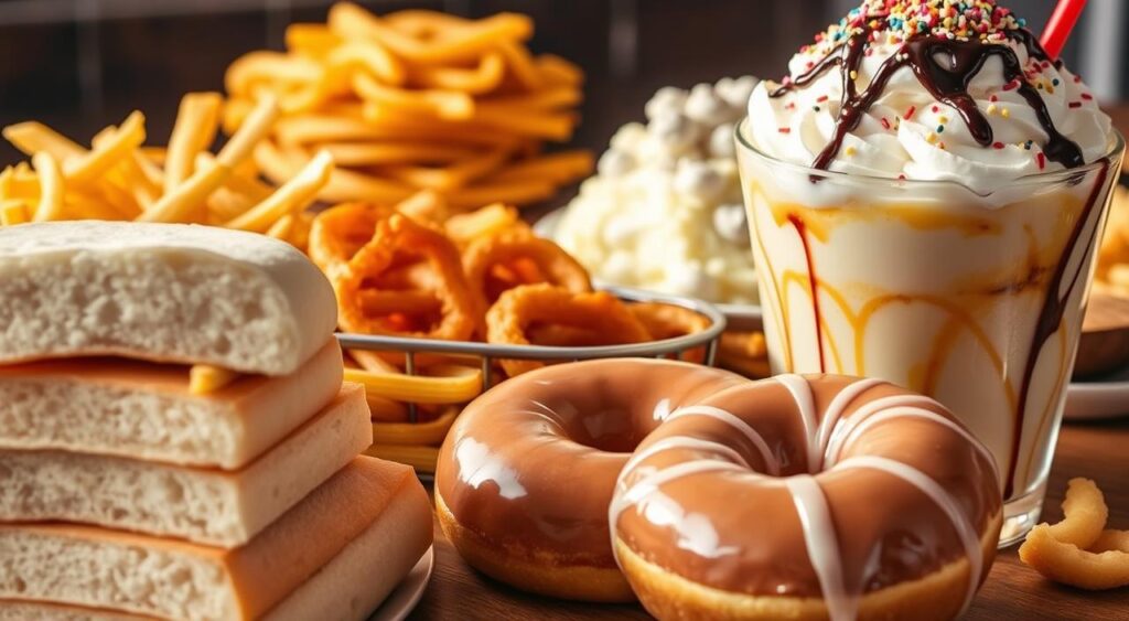 A mouthwatering display of foods to avoid on a low carb diet. In the foreground, a stack of fluffy white bread, a pile of french fries, and a large donut coated in a thick layer of sugary glaze. In the middle ground, a heaping bowl of pasta, a basket of crispy onion rings, and a plate of creamy mashed potatoes. In the background, a towering ice cream sundae overflowing with chocolate syrup, whipped cream, and sprinkles. The scene is bathed in warm, golden lighting, creating a tempting and indulgent atmosphere. The camera angle is slightly elevated, giving a bird's-eye view of the tempting, high-carb treats that should be limited or avoided on a low carb diet.
