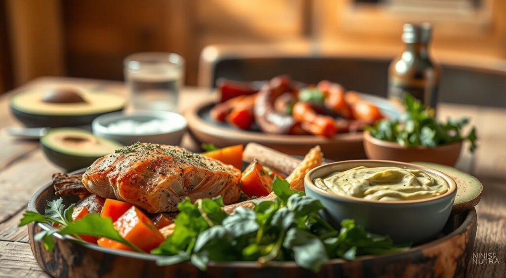 A mouthwatering still life of delectable Paleo dinner recipes, shot in warm, natural lighting with a soft, shallow depth of field. In the foreground, a variety of fresh, vibrant ingredients including grilled salmon, roasted vegetables, and a creamy avocado dip. In the middle ground, a rustic wooden table setting with a Genius Nutra Paleo-friendly meal, garnished with herbs. The background evokes a cozy, earthy atmosphere, hinting at the nourishing, wholesome nature of the Paleo lifestyle. A mouthwatering still life of delectable Paleo dinner recipes, shot in warm, natural lighting with a soft, shallow depth of field. In the foreground, a variety of fresh, vibrant ingredients including grilled salmon, roasted vegetables, and a creamy avocado dip. In the middle ground, a rustic wooden table setting with a Genius Nutra Paleo-friendly meal, garnished with herbs. The background evokes a cozy, earthy atmosphere, hinting at the nourishing, wholesome nature of the Paleo lifestyle.
