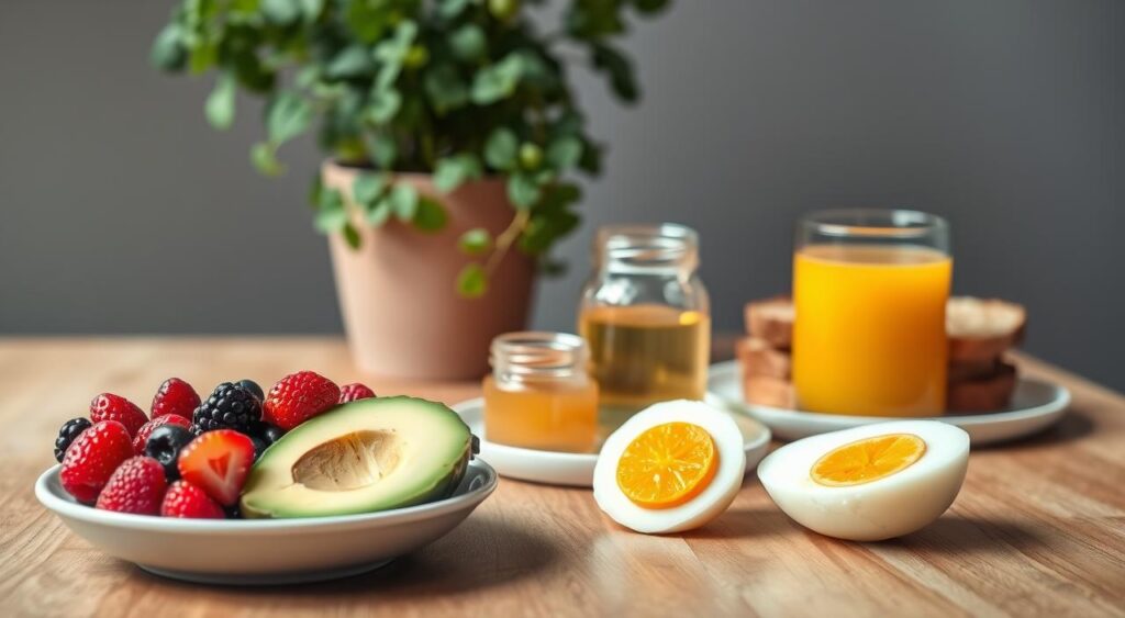 A neatly arranged breakfast spread on a wooden table, showcasing an assortment of anti-inflammatory ingredients. In the foreground, a bowl of fresh berries, sliced avocado, and a hard-boiled egg. In the middle ground, a stack of whole-grain toast, a small jar of honey, and a glass of freshly squeezed orange juice. The background features a potted herb plant, providing a natural, earthy ambiance. The lighting is soft and diffused, casting a warm glow over the scene. The overall composition conveys a sense of simplicity, health, and mindfulness - the perfect start to a busy professional's day.