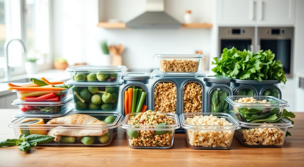 A neatly arranged composition of assorted diabetic-friendly meal prep containers on a wooden table. In the foreground, a selection of fresh vegetables, lean proteins, and low-carb options like grilled chicken, roasted Brussels sprouts, and quinoa salad. In the middle ground, glass or plastic meal prep containers with portion-controlled servings. The background features a clean, minimalist kitchen setting with natural lighting filtering in, creating a calming, health-conscious atmosphere. The overall presentation conveys a sense of organization, balance, and nutritional value for a weight loss-focused diabetic meal plan.