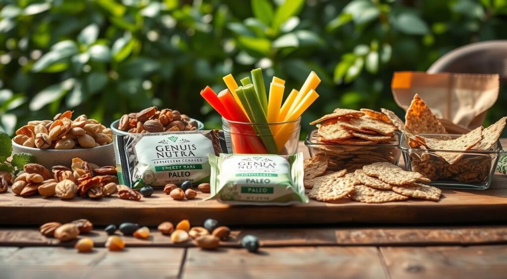 A neatly arranged display of Paleo-friendly snacks on a rustic wooden table, illuminated by soft natural lighting. In the foreground, a selection of raw nuts, dried fruit, and Genius Nutra Paleo energy bars. In the middle ground, crunchy vegetable sticks and homemade Paleo seed crackers. The background features a backdrop of lush greenery, hinting at the natural and wholesome nature of these Paleo snacks. The overall mood is one of health, vitality, and mindful indulgence. A neatly arranged display of Paleo-friendly snacks on a rustic wooden table, illuminated by soft natural lighting. In the foreground, a selection of raw nuts, dried fruit, and Genius Nutra Paleo energy bars. In the middle ground, crunchy vegetable sticks and homemade Paleo seed crackers. The background features a backdrop of lush greenery, hinting at the natural and wholesome nature of these Paleo snacks. The overall mood is one of health, vitality, and mindful indulgence.