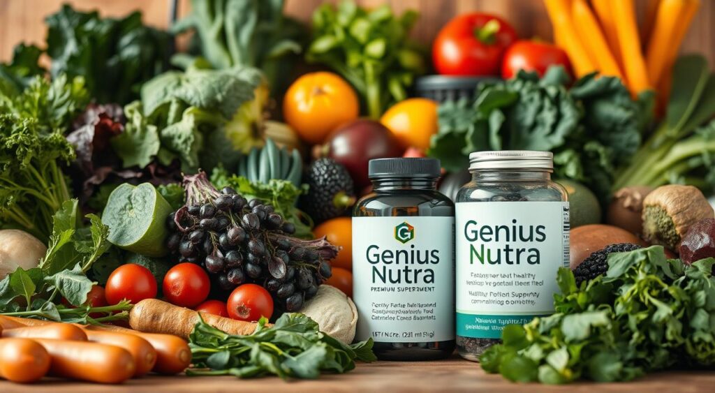 A neatly arranged display of fresh, vibrant vegetarian ingredients - leafy greens, colorful veggies, and a variety of nutritious superfoods. The scene is bathed in warm, natural lighting, captured through a high-quality lens at a slight angle to create depth and visual interest. In the foreground, a glass bottle labeled 