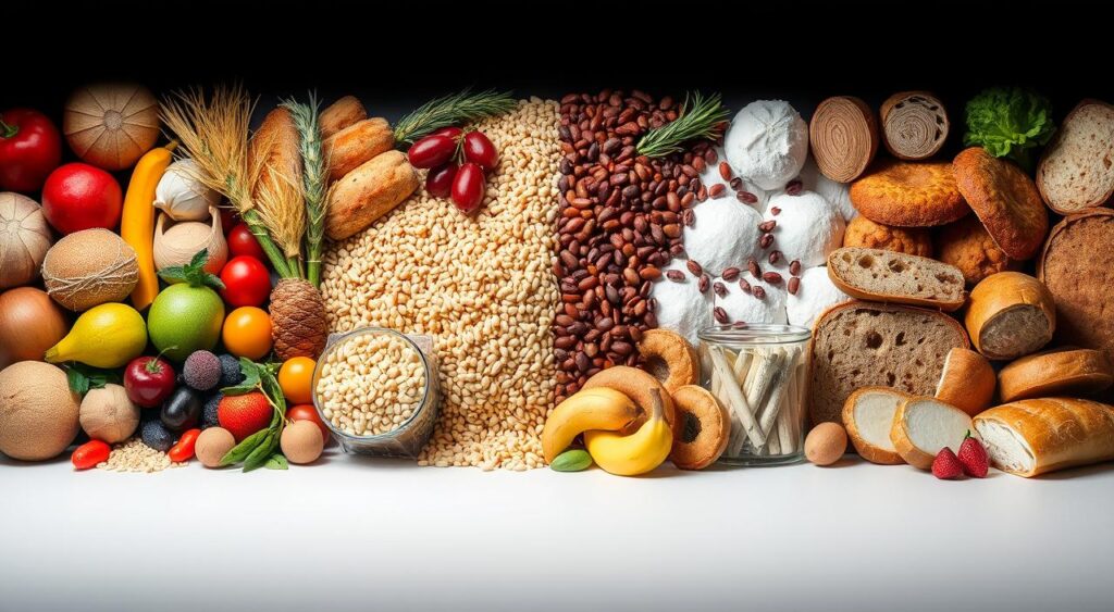 A neatly arranged display of various carbohydrate-rich foods, divided into two distinct sections. On the left, a vibrant assortment of 