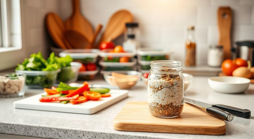A neatly arranged kitchen counter with various meal prep containers, fresh produce, and simple cooking tools. A cutting board with chopped vegetables, a glass jar filled with overnight oats, and a few seasoning jars in the background. Warm, natural lighting casts a soft glow, creating a cozy, approachable atmosphere. The scene conveys a sense of effortless, healthy meal preparation - perfect for the busy professional looking to incorporate quick, anti-inflammatory recipes into their routine.