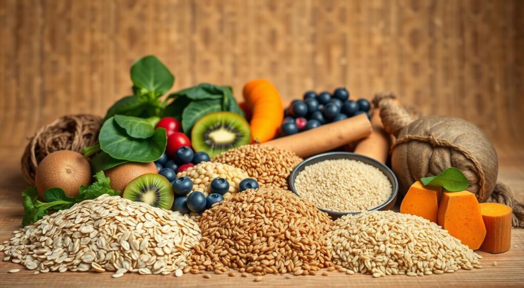 A neatly arranged still life showcasing an assortment of high-fiber whole food ingredients. In the foreground, a variety of whole grains such as oats, quinoa, and brown rice are displayed against a warm, natural backdrop. In the middle ground, an array of colorful fruits and vegetables including kiwi, blueberries, spinach, and sweet potatoes are placed purposefully. The background features a subtle texture, perhaps a woven natural fiber mat, creating a sense of warmth and earthiness. The lighting is soft and diffused, highlighting the vibrant colors and natural textures of the ingredients. The overall composition conveys a sense of health, vitality, and culinary inspiration.
