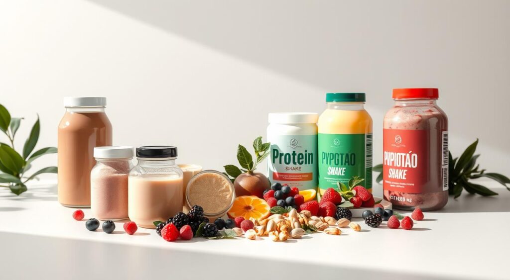 A neatly arranged still life showcasing an assortment of top-rated protein shakes designed for female weight loss. In the foreground, several glass bottles and canisters of various flavors are placed on a clean, minimalist surface, bathed in soft, directional lighting that accentuates their vibrant colors and textures. In the middle ground, a variety of fresh, healthy ingredients like berries, leafy greens, and nuts are carefully positioned, hinting at the nutritious composition of the shakes. The background features a neutral, elegant backdrop, such as a white wall or seamless paper, creating a clean, studio-like ambiance. The overall scene conveys a sense of quality, effectiveness, and health-consciousness, aligning with the article's focus on meal-replacement shakes for female weight loss.